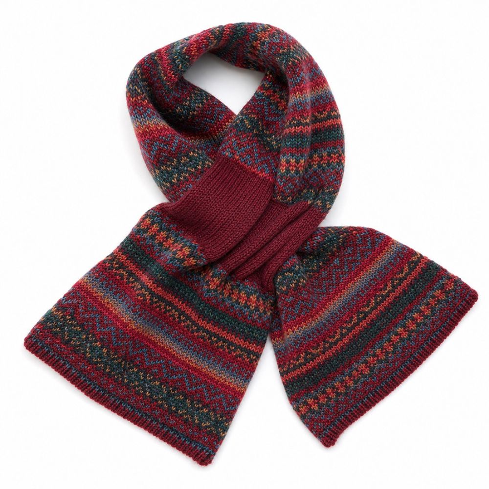 POM Finola burgundy/teal mix fair isle patterned fine knit scarf