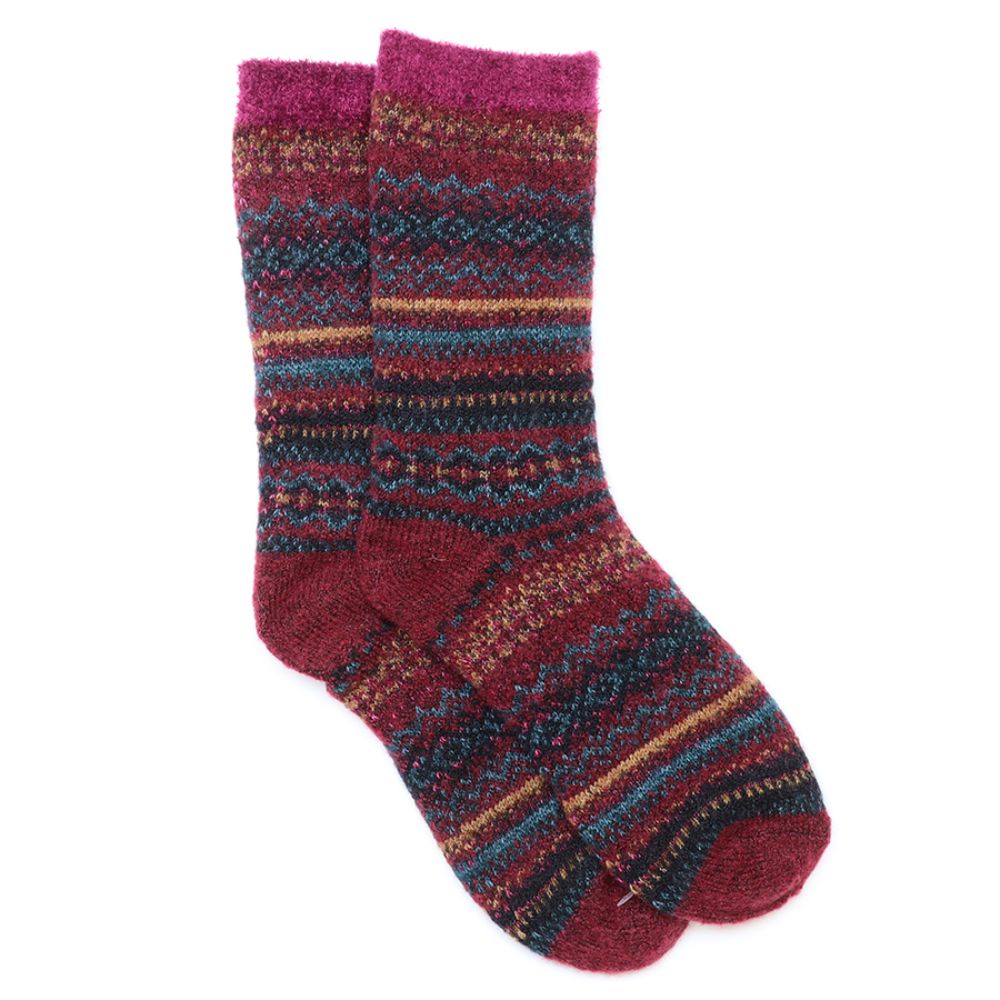 POM Finola Burgundy/Teal Mix Fair Isle Recycled Blend Cosy Socks