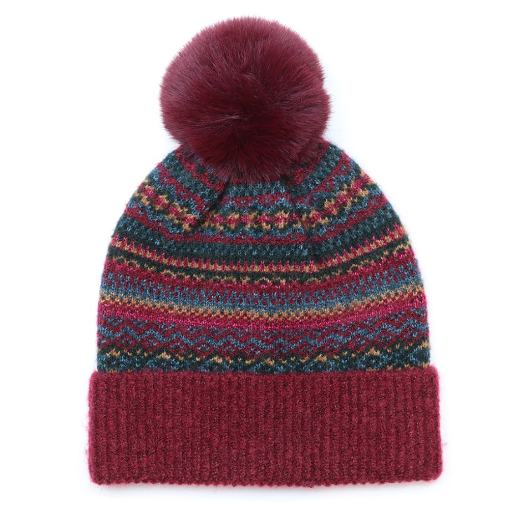 POM Finola Wine and Teal Mix Fair Isle Bobble Hat