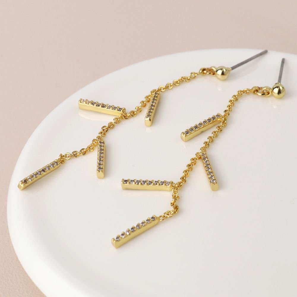 POM Golden Fine Chain And Crystal Bars Drop Earrings - Old Railway Line Garden Centre