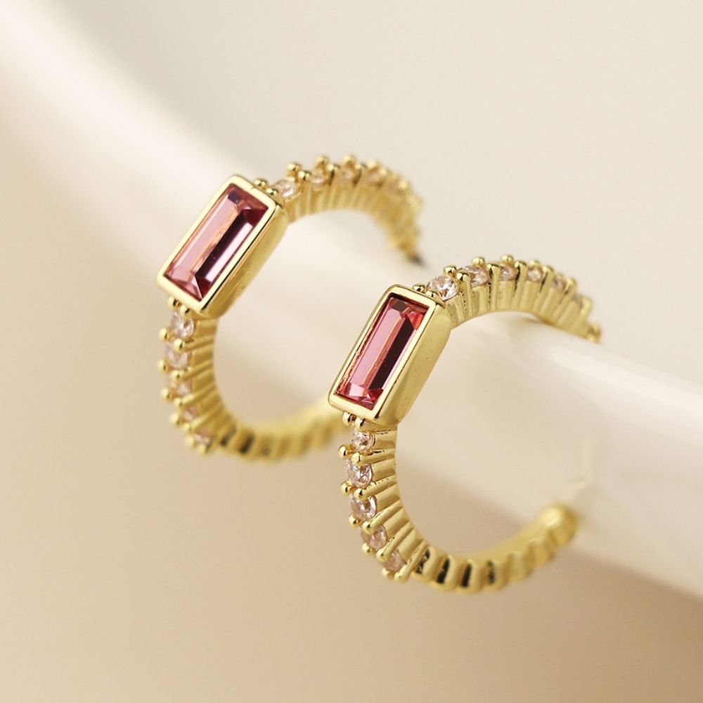 POM Golden Hoop Stud Earrings With Pink And Clear Crystals - Old Railway Line Garden Centre