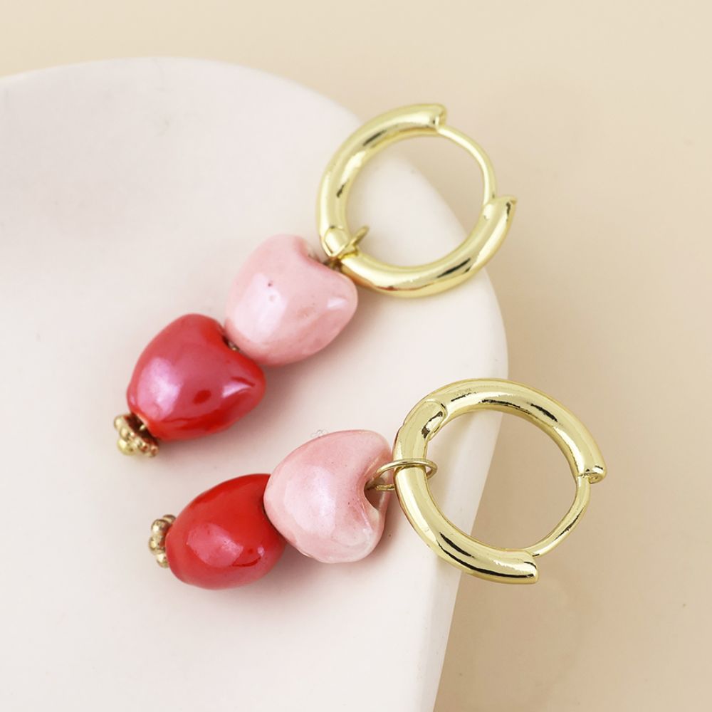 POM Heart Stainless Steel Gold Plated Hoop and Double Pink Heart Earrings