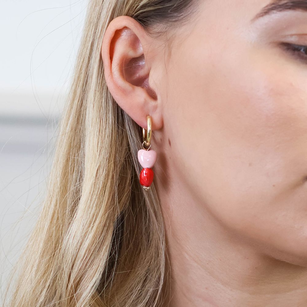 POM Heart Stainless Steel Gold Plated Hoop and Double Pink Heart Earrings