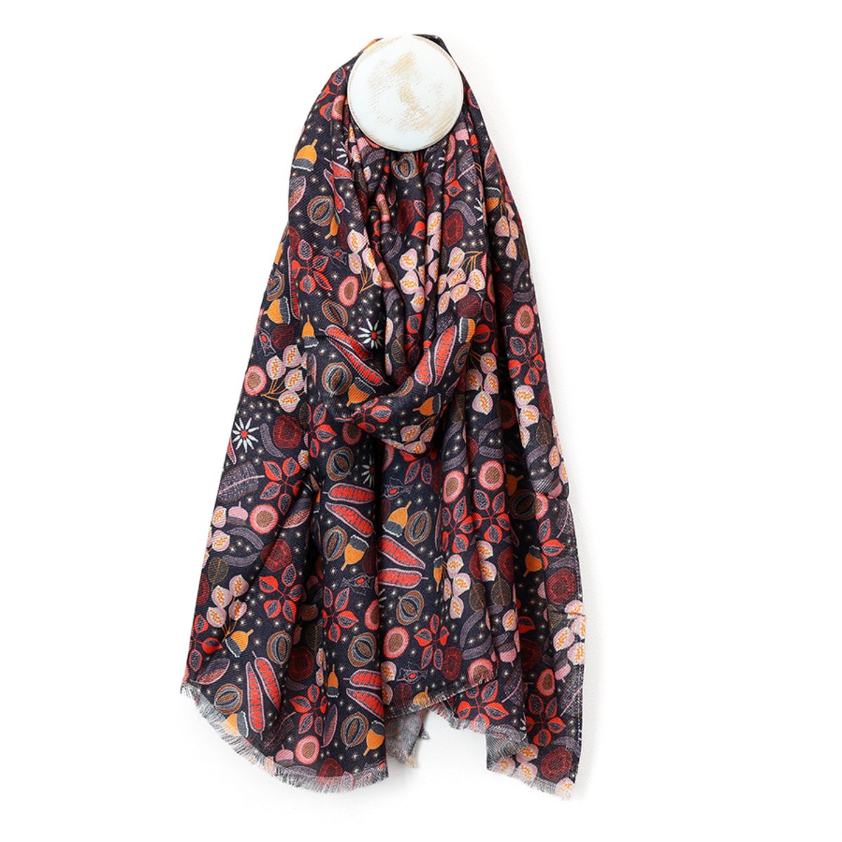 POM Heather Charcoal and Coral Mix Folksy Botanical Print Scarf