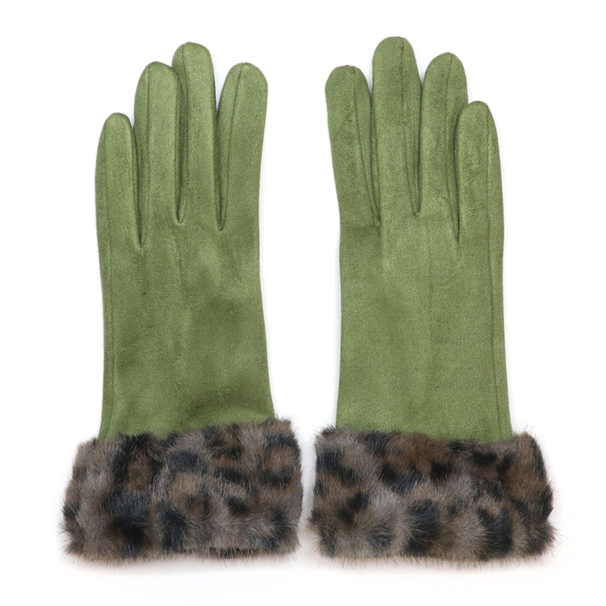POM Kendra Olive Faux Suede Gloves with Leopard Cuff