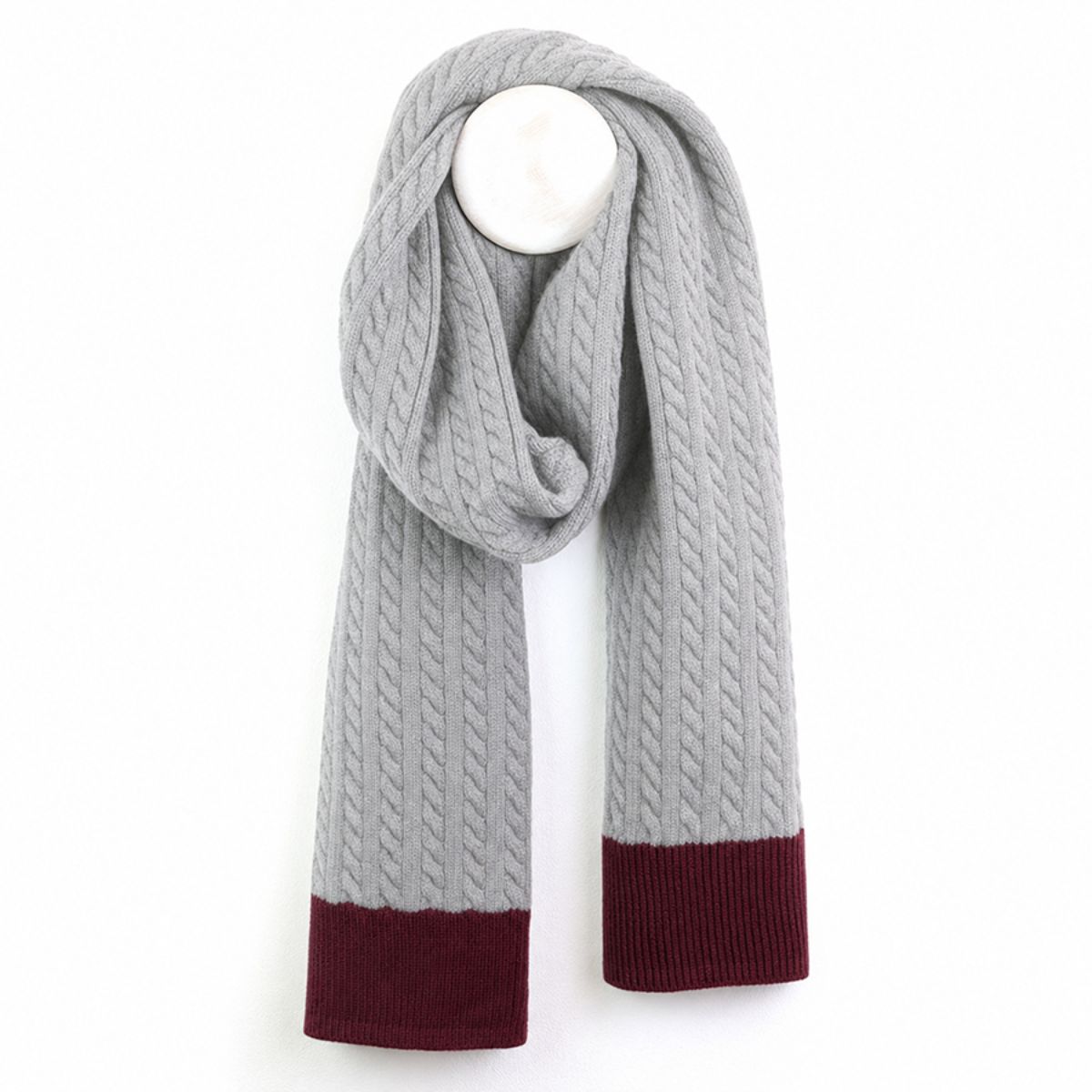 POM Matty Grey Cable Knit Scarf for Men with Burgundy Trim