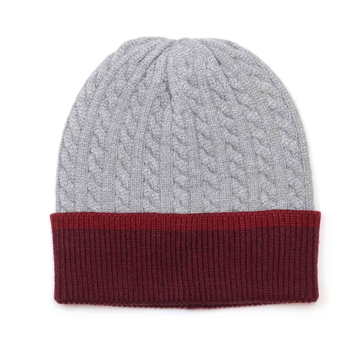 POM Matty Grey Cable Men's Recycled Blend Beanie With Wine Turn-Up