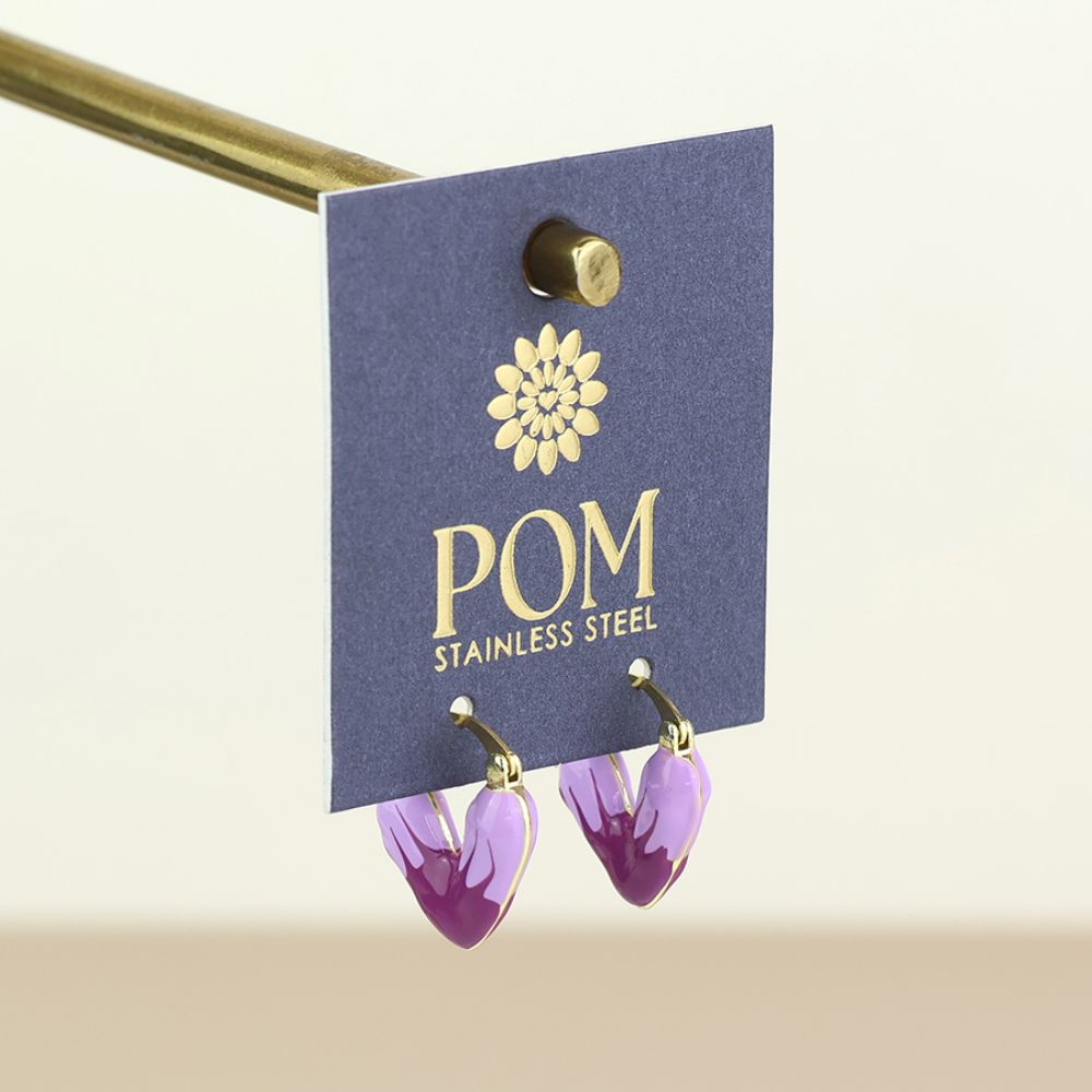 POM Muse Stainless Steel Gold Plated Purple Mix Heart Hoop Earrings