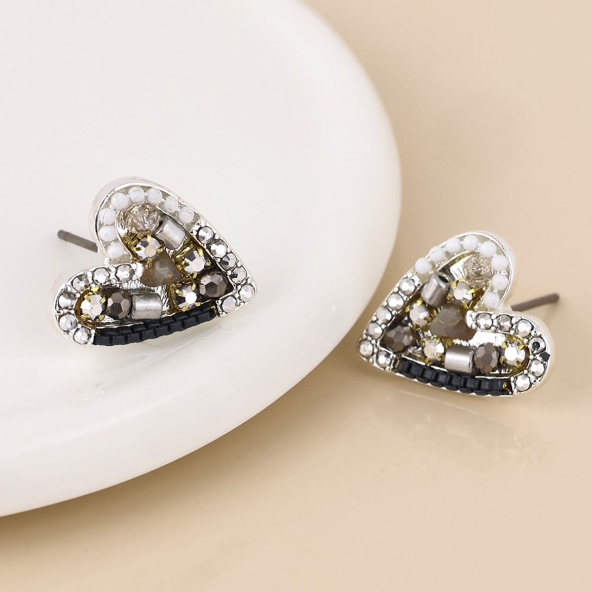 POM Rebel Silver Plated Metallic Grey Mosaic Crystal Heart Earrings