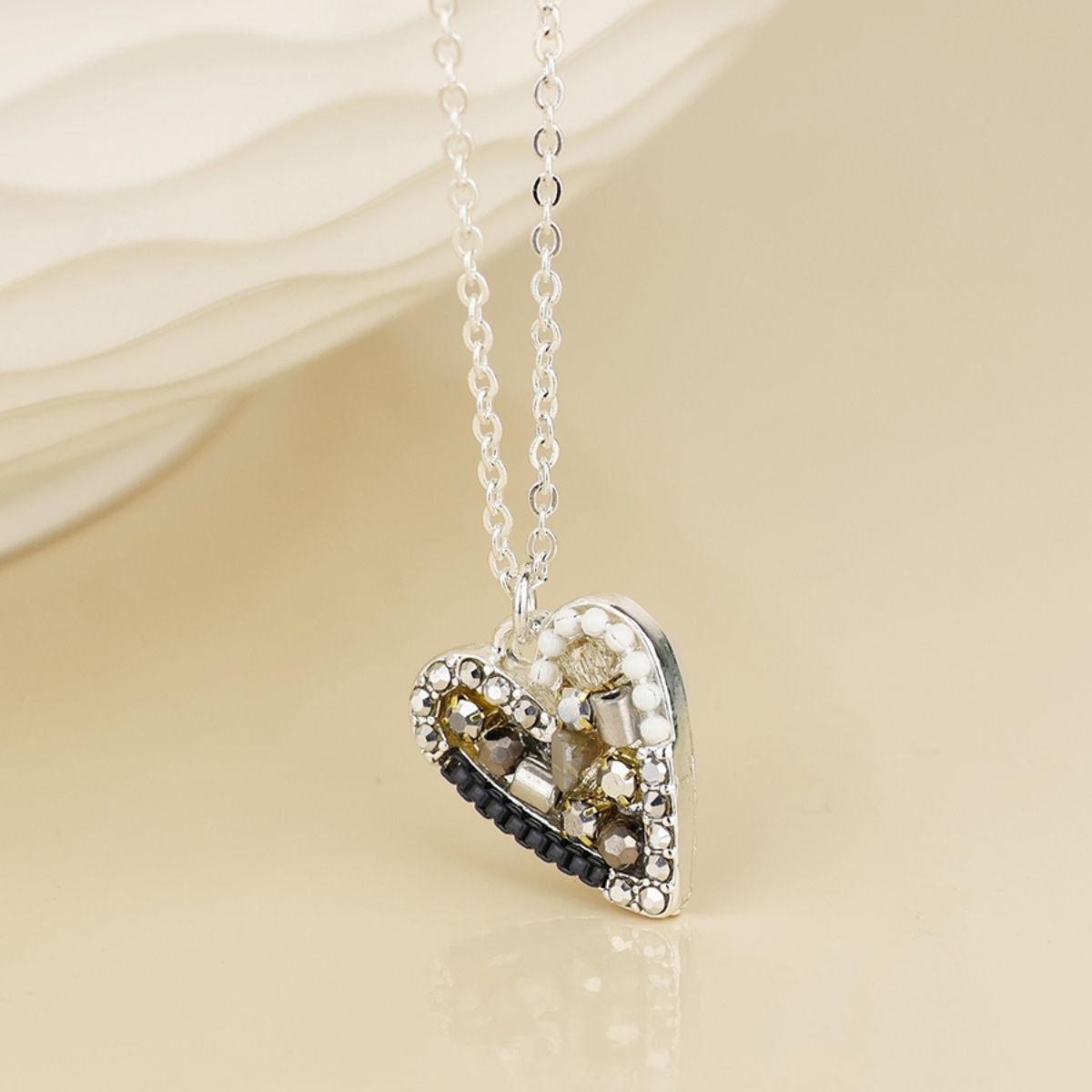 POM Rebel Silver Plated Metallic Grey Mosaic Crystal Heart Necklace