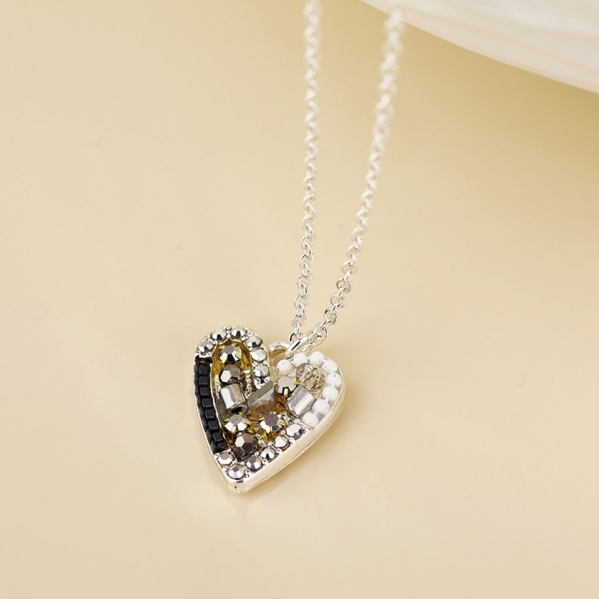 POM Rebel Silver Plated Metallic Grey Mosaic Crystal Heart Necklace