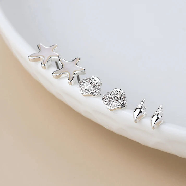 POM Seashell Stud Silver Plated Earrings - (Pack of 3)