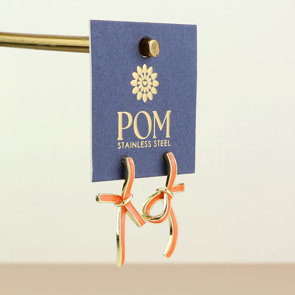 POM Seraphina Stainless Steel Gold Plated Orange Enamel Bow Earrings