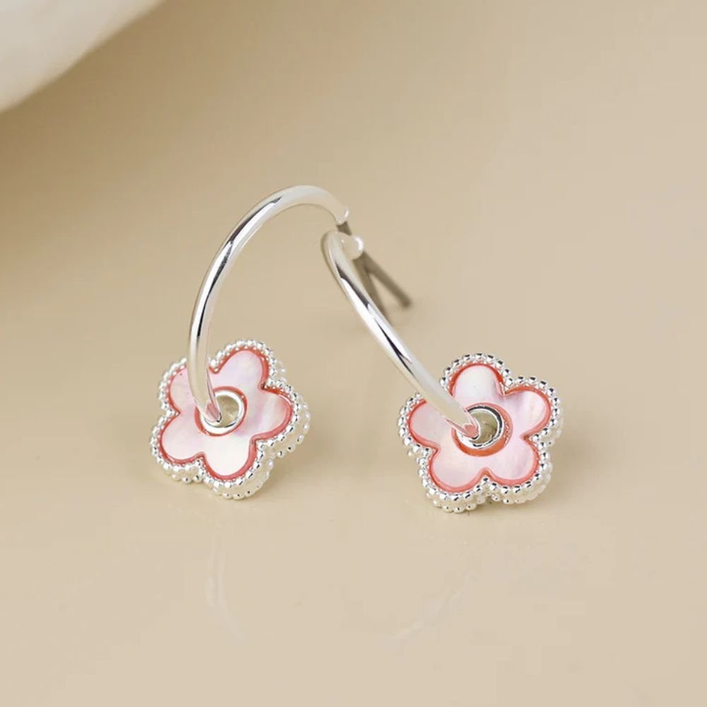 POM Silver Plated Pink Mother Of Pearl Flower Hoop Earrings - Old Railway Line Garden Centre