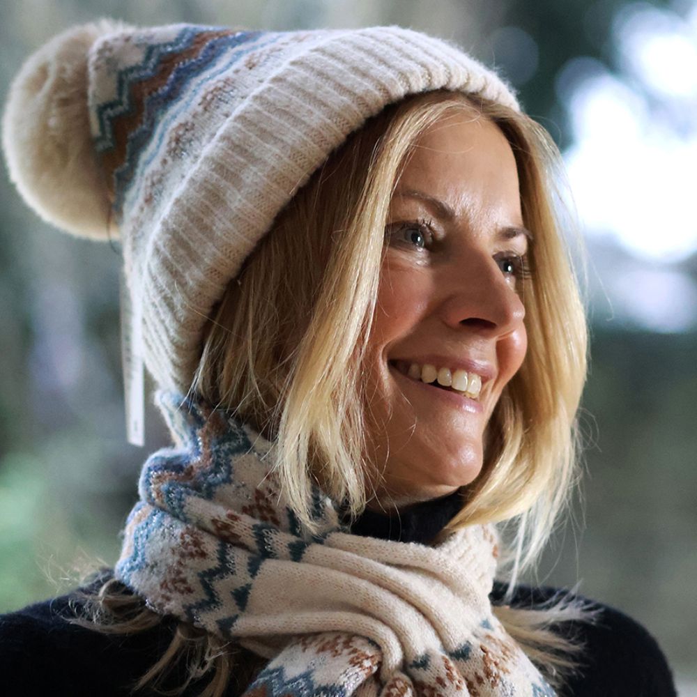 POM Sofia Cream Mix, Rust and Teal Zigzag Stripes Bobble Hat
