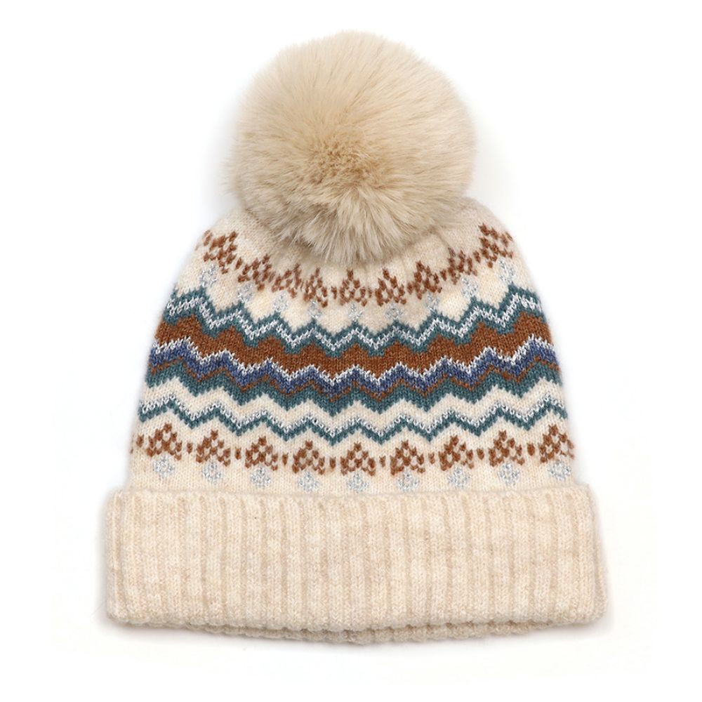 POM Sofia Cream Mix, Rust and Teal Zigzag Stripes Bobble Hat