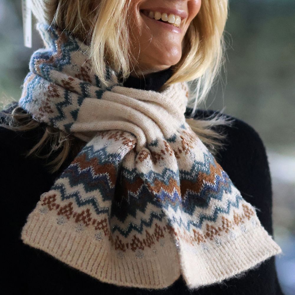 POM Sofia Cream, Teal, Rust and Cream Zig-Zag Pull Through Scarf