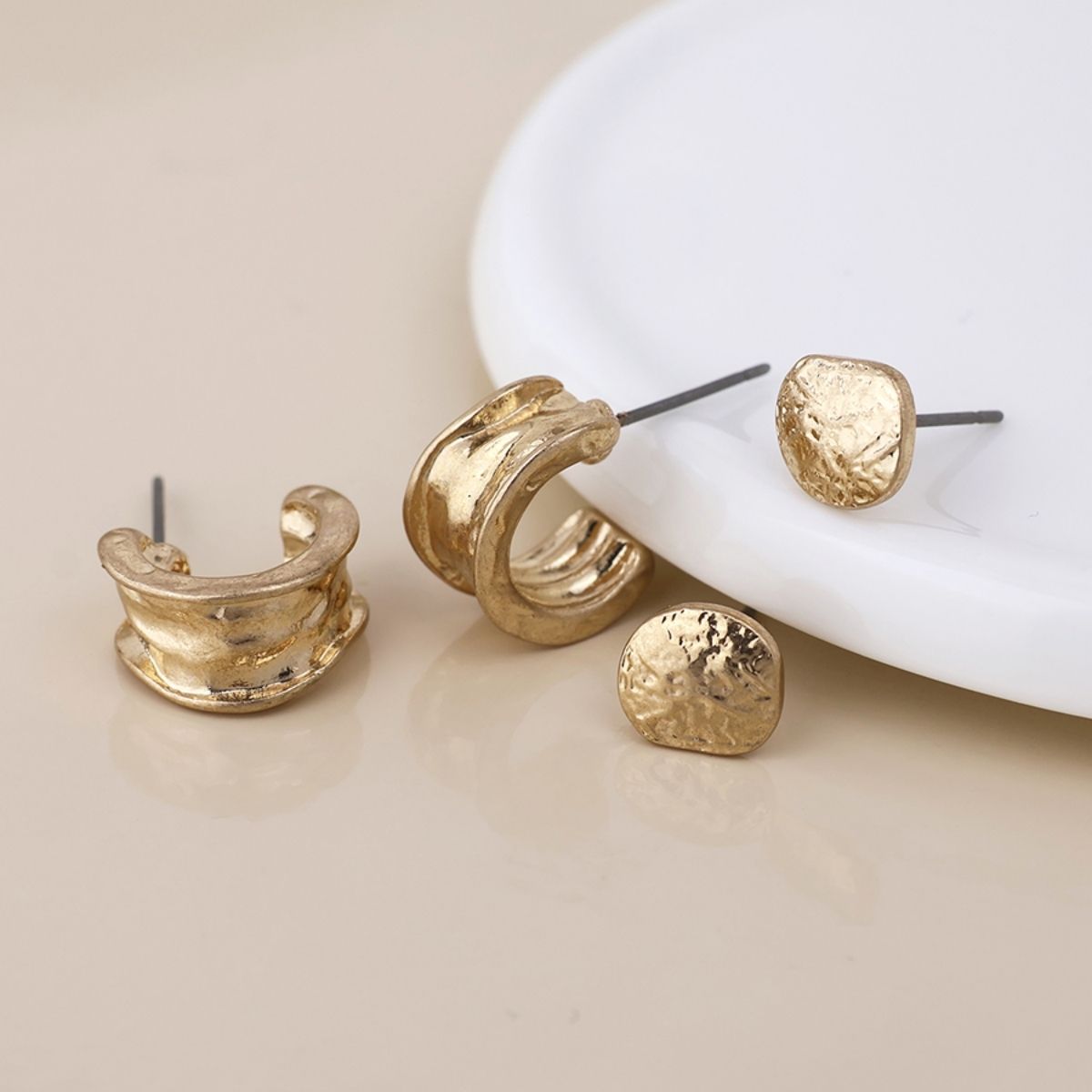 POM Solstice Golden Worn Textured Pebble Stud and Hoop Duo