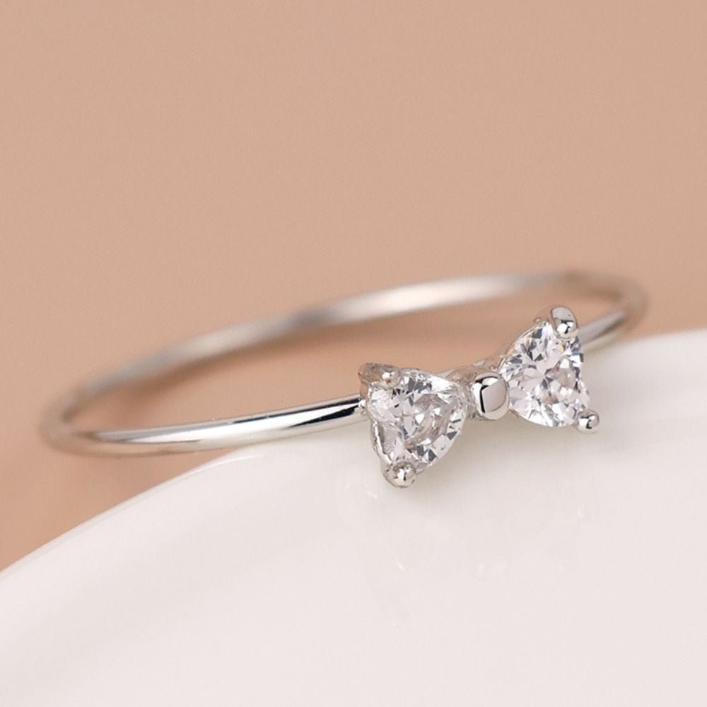 POM White Gold Plated Simple Crystal Bow Ring (Small-Medium) - Old Railway Line Garden Centre