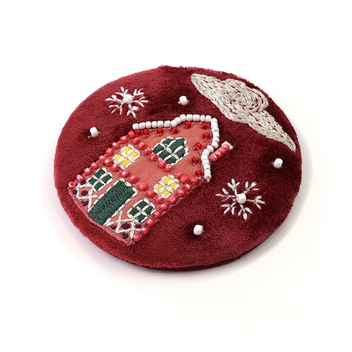 POM Winter Street Wine Velvet Embroidered Winter Village Scene Compact Mirror