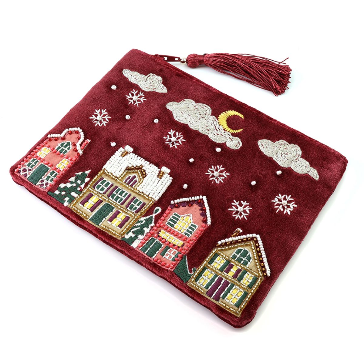 POM Winter Street Wine Velvet Embroidered Winter Village Scene Zip Purse