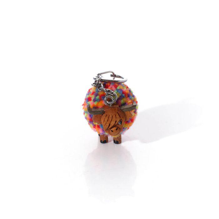Richard Lang 4cm Highland Cow Rainbow Pom Pom Wooden Keyring