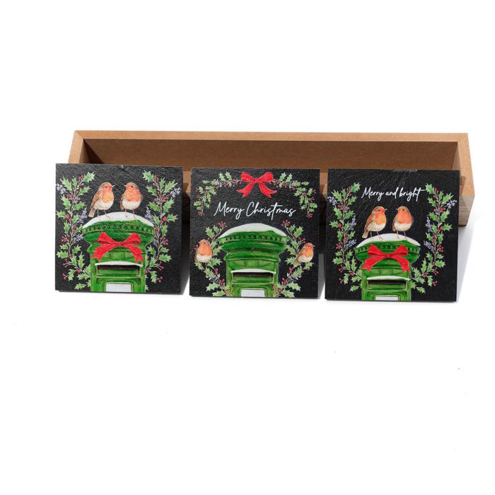Richard Langs 10cm Robin with Green Postbox & Bow Slate Coasters (Choice of 3)