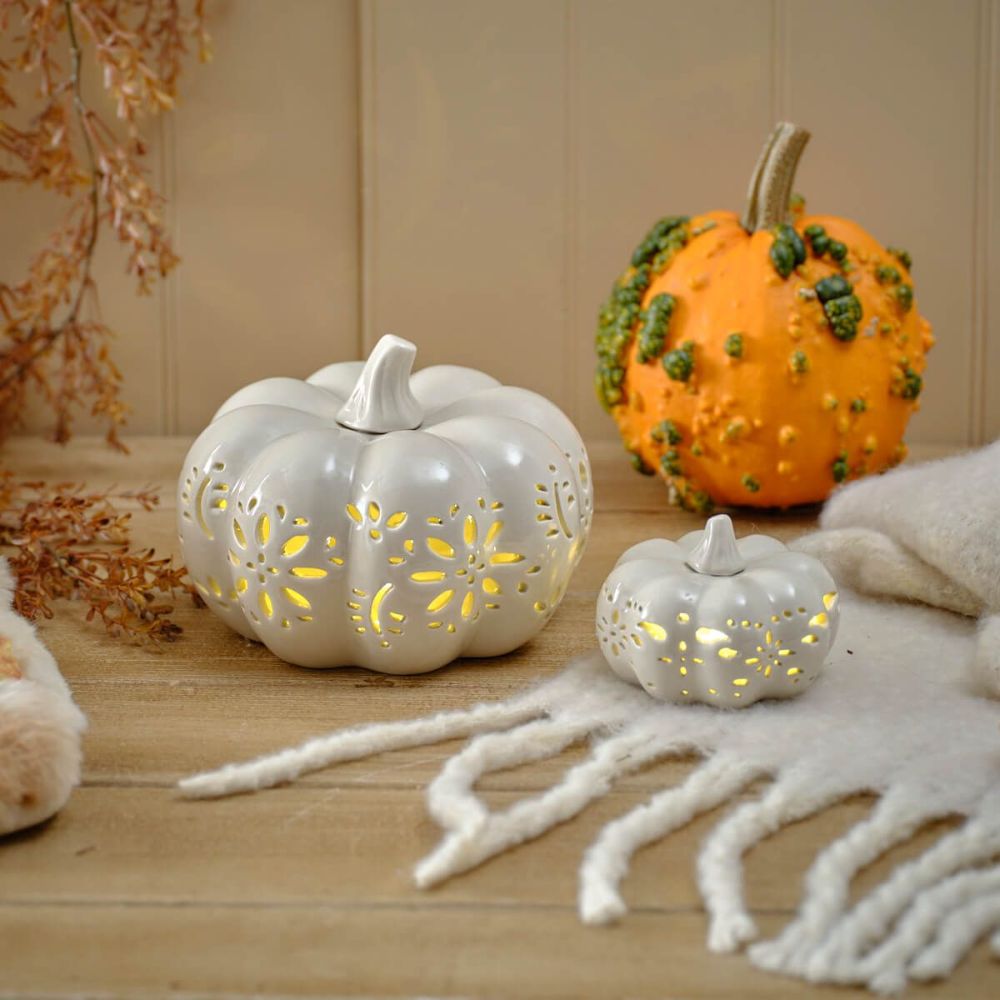 Richard Langs 18.5cm White Ceramic LED Harvest Pumpkin Ornament
