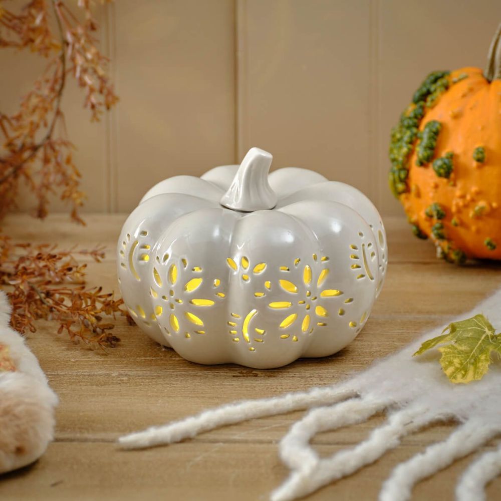 Richard Langs 18.5cm White Ceramic LED Harvest Pumpkin Ornament