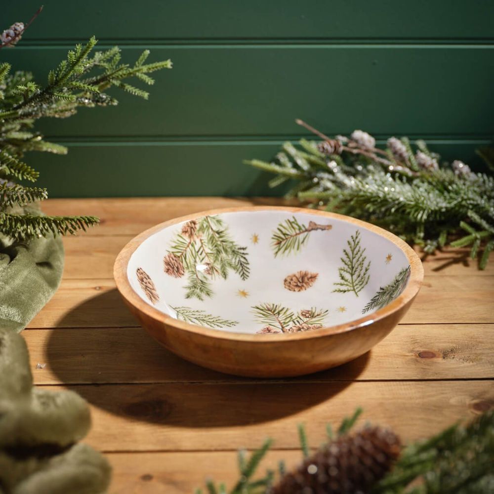 Richard Langs 25cm Evergreen Fir & Pinecone Bowl - Mango Wood & Enamel