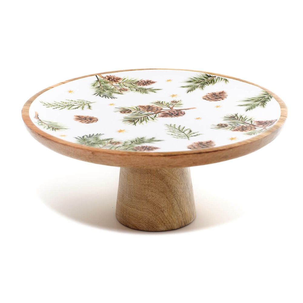 Richard Langs 30cm Evergreen Fir & Pinecone Cake Stand - Mango Wood & Enamel