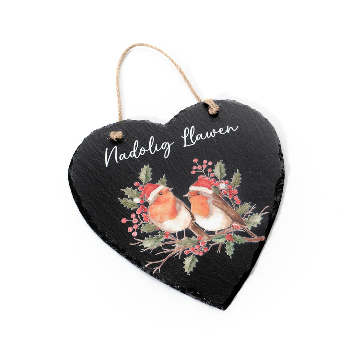 Richard Langs Festive Robins Hanging Heart Slate Nadolig Llawen