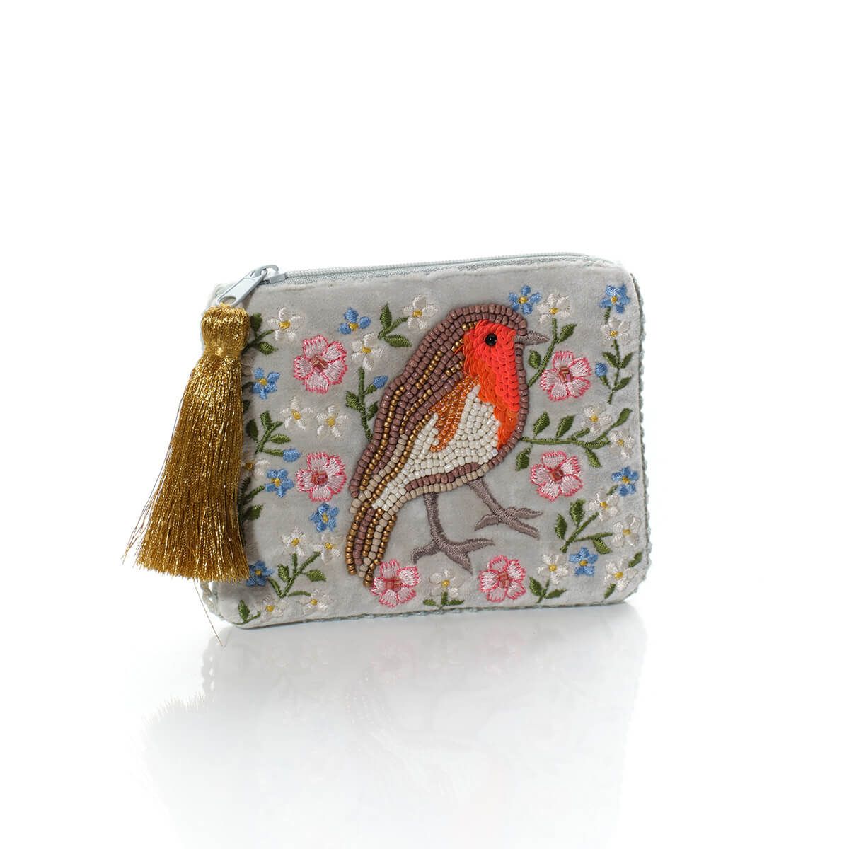 Richard Lang 13cm Robin & Flower Embroidery Coin Purse with Tassel