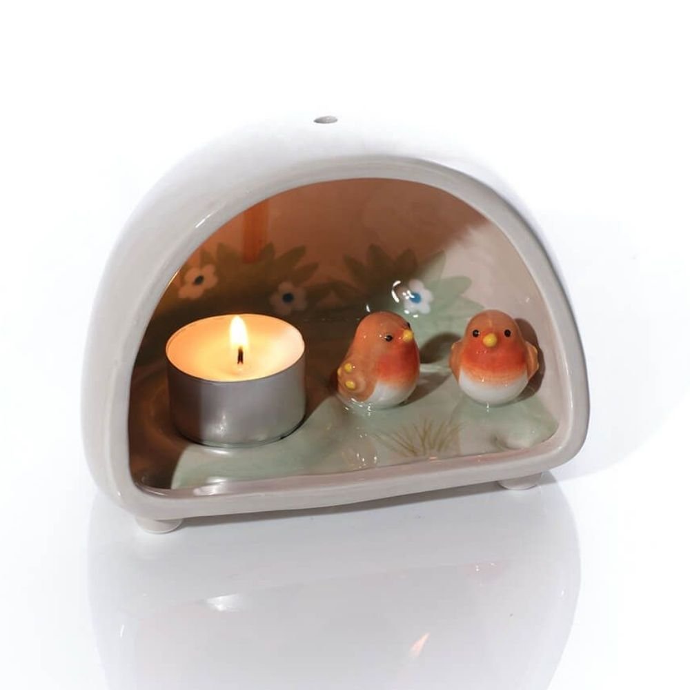 Richard Langs Two Robins Ceramic Tealight Holder - Old Railway Line Garden Centre
