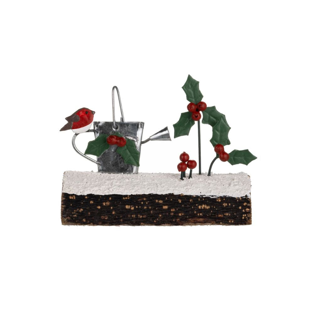 Shoeless Joe Gardening Robin on Log Ornament