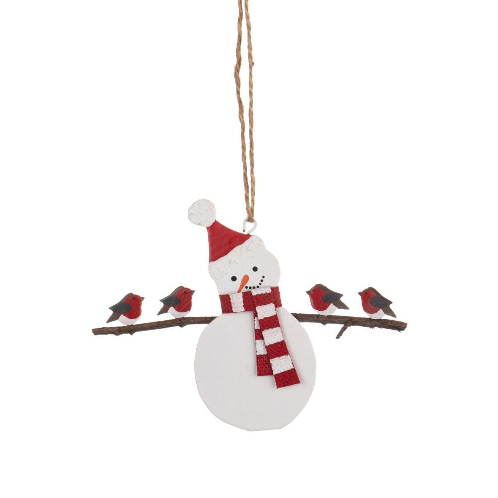 Shoeless Joe Snowman Holding Robins Metal Hanging Decoration