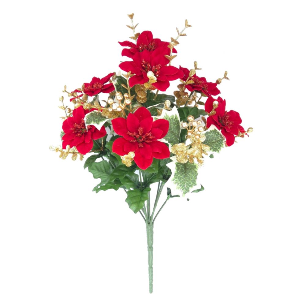Sincere 42cm Mini Poinsettia Gold Eucalyptus Holly Bouquet