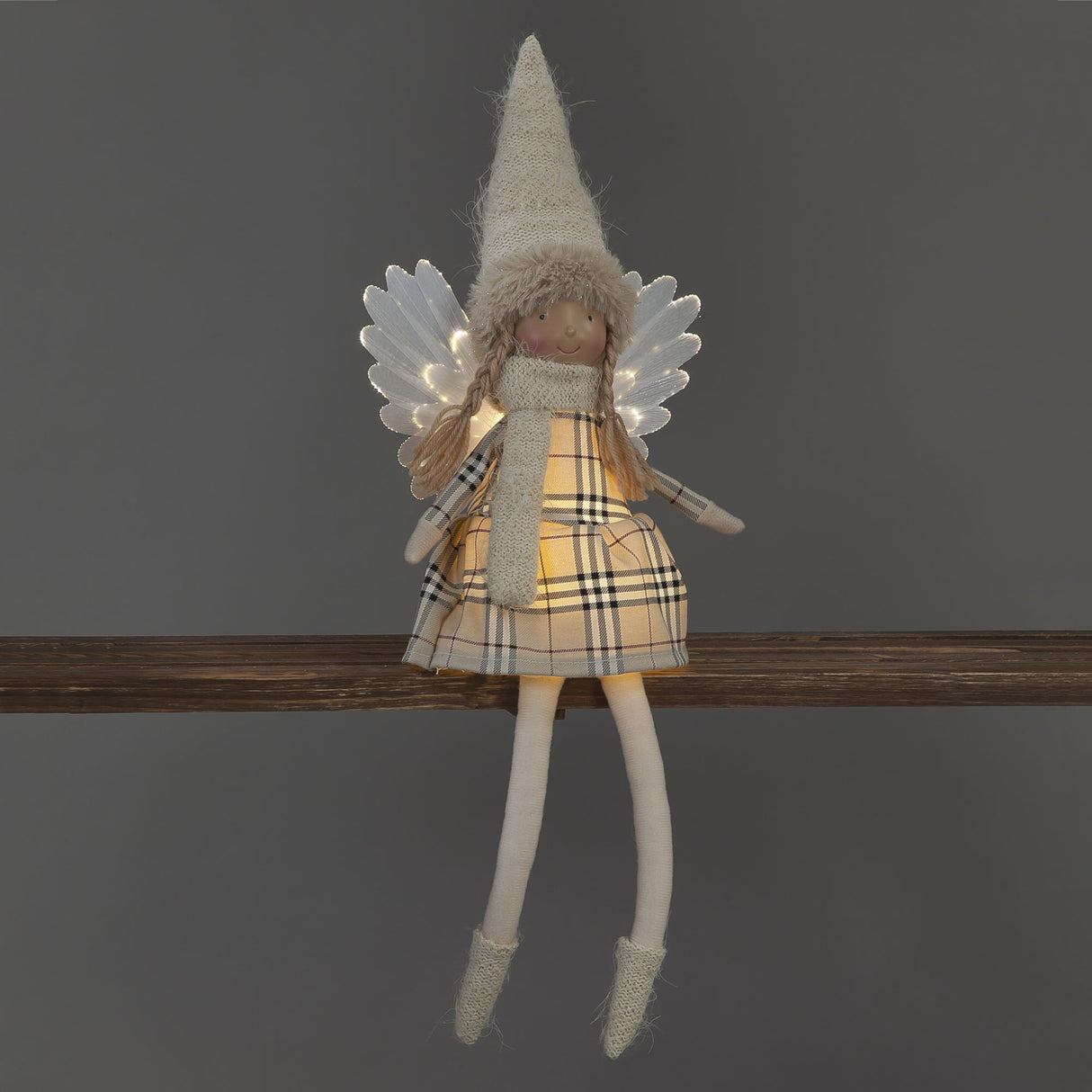 SnowTime 50cm Battery Operated Cream Tartan Sitting Angel with Lit Wings