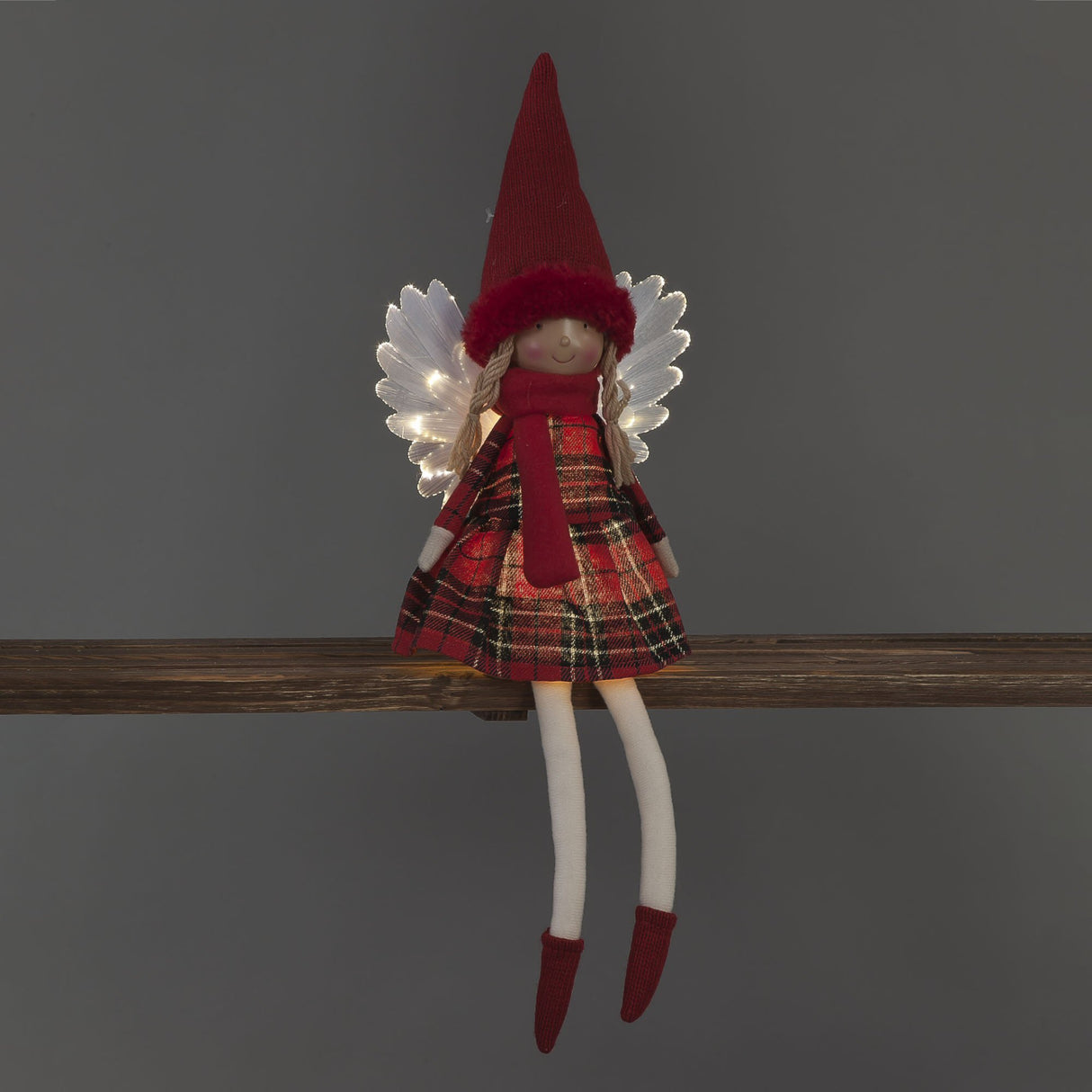 SnowTime 50cm Battery Operated Red Tartan Sitting Angel with Lit Wings