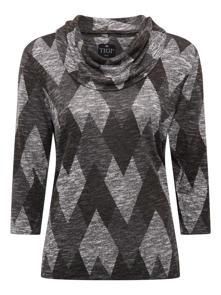 TIGI 10/12 Grey Argyle Print Cowl Neck Top - T25-04B