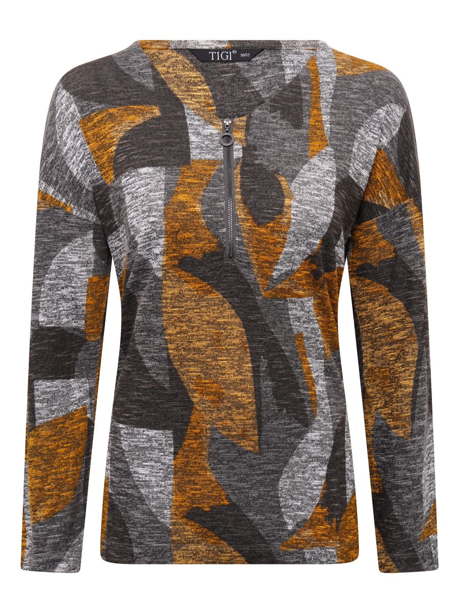 TIGI 18/20 Grey/Orange Graphic Tonal Geometric Zip Front Top - T25-04C