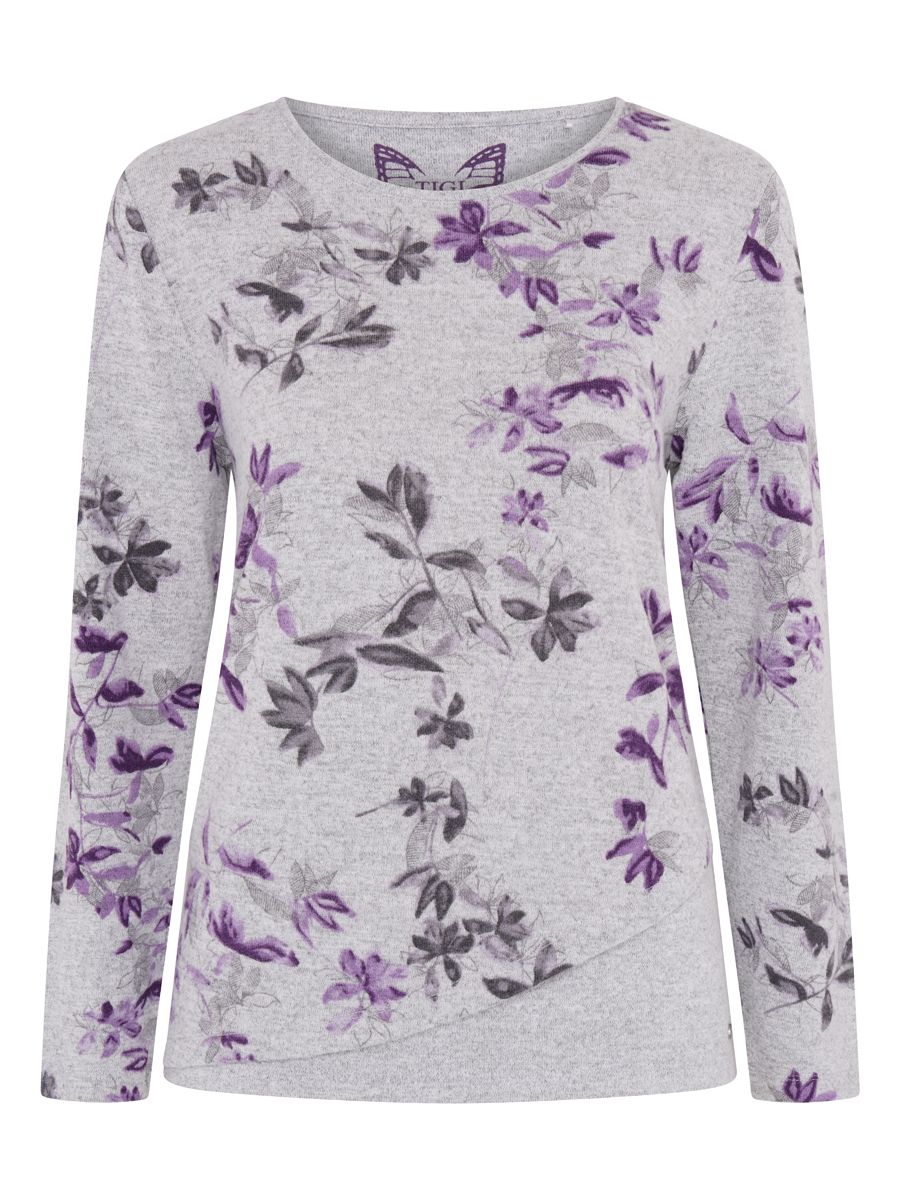 TIGI 14/16 Grey Floral Print Curved Hem Top - T25-05B