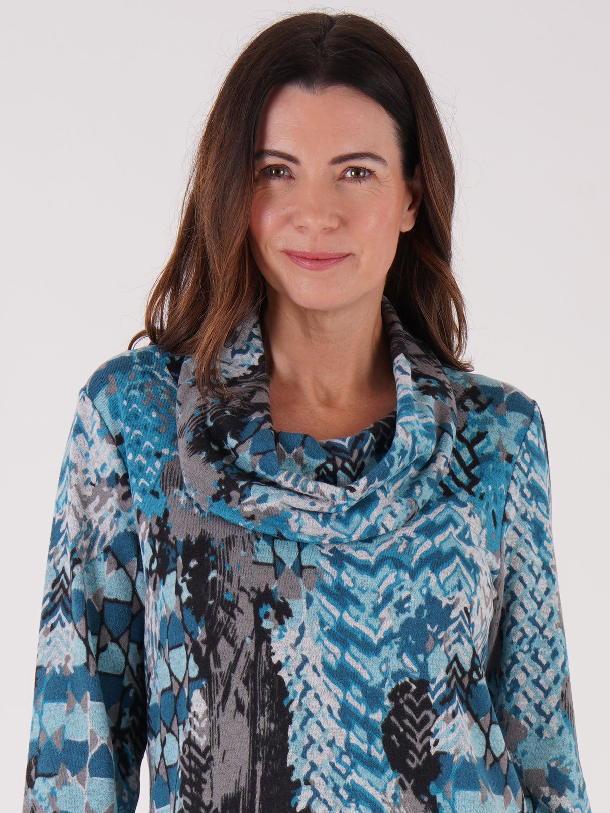 TIGI 14/16 Teal Ash Abstract Print Cowl Neck Top - T25-06C