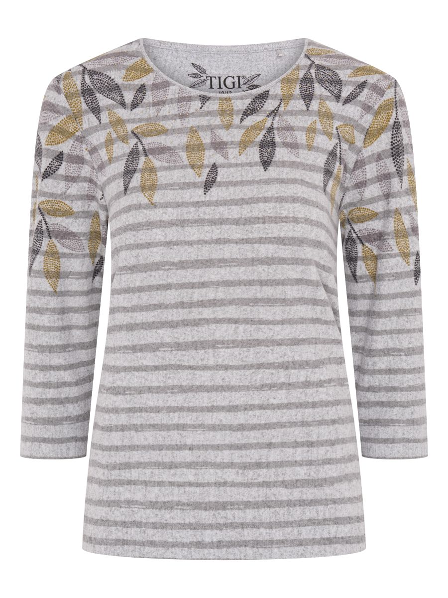 TIGI 18/20 Grey Leaf Print Stripe Round Neck Top - T25-07B