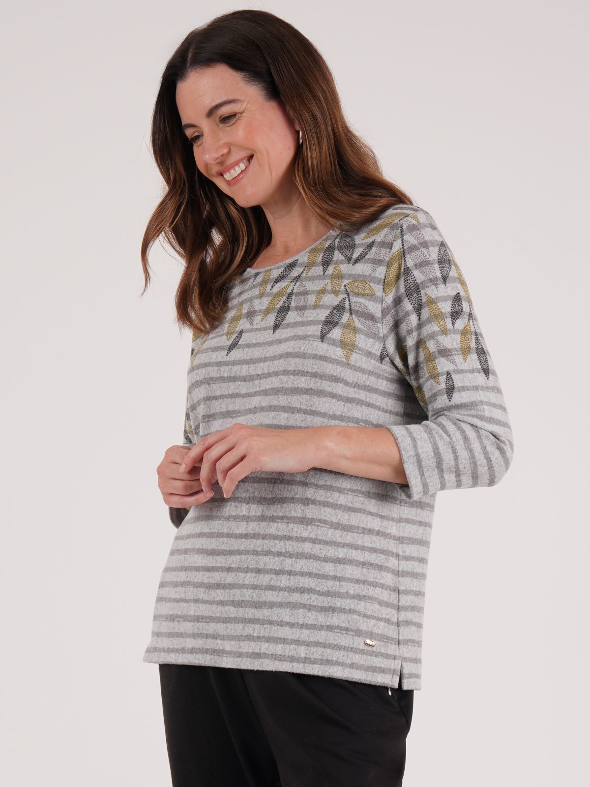 TIGI 14/16 Grey Leaf Print Stripe Round Neck Top - T25-07B