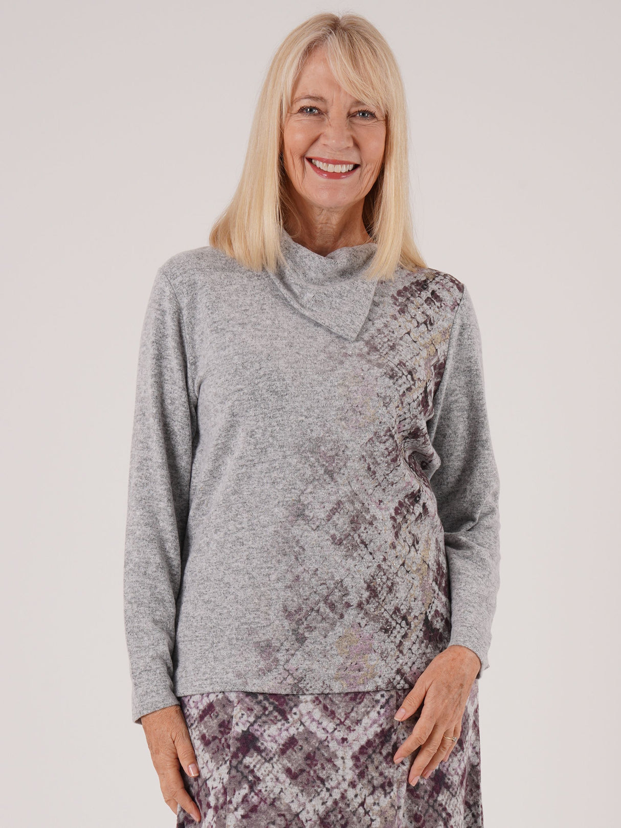 TIGI 10/12 Grey Split Mosaic Print Cowl Neck Top - T25-08A