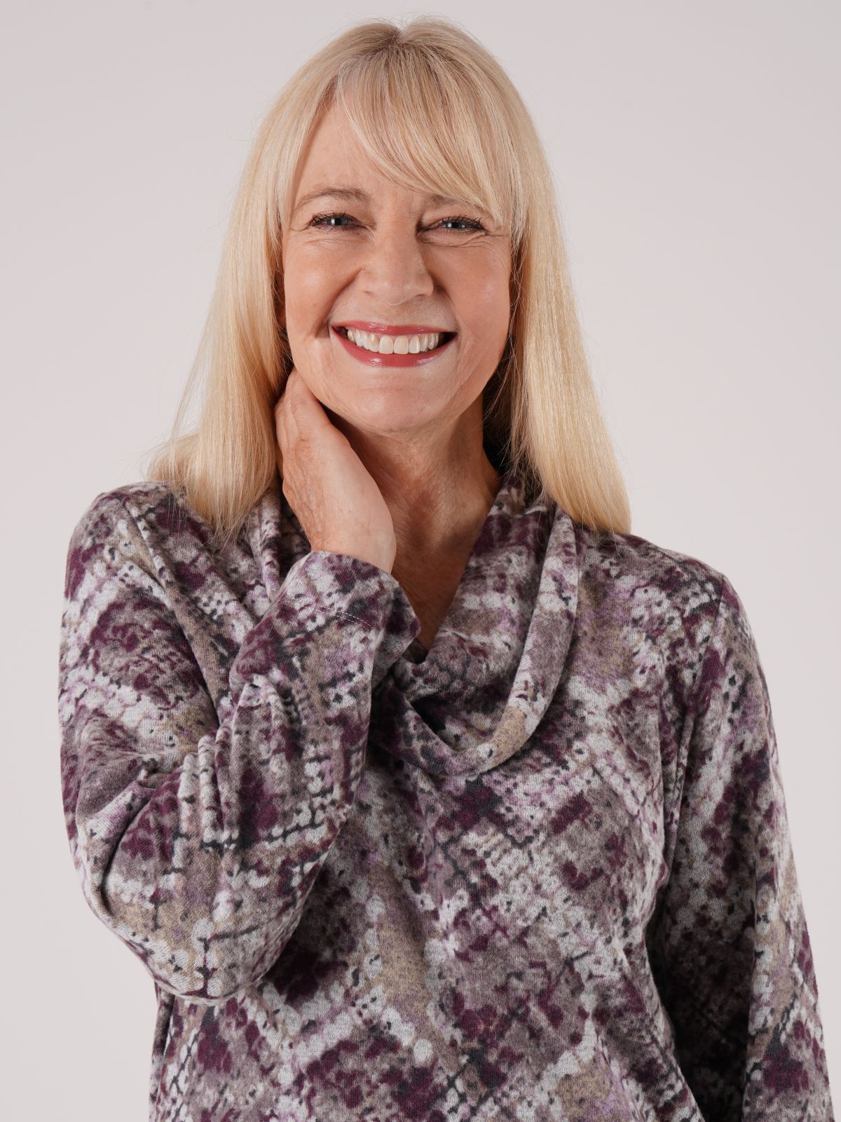 TIGI 14/16 Purple Mosaic Print Cowl Neck Top - T25-08C