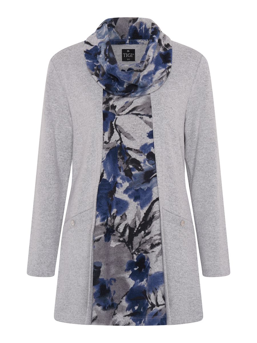TIGI 10/12 Grey/Blue Blur Floral Mock Cowl Neck Top - T25-09D