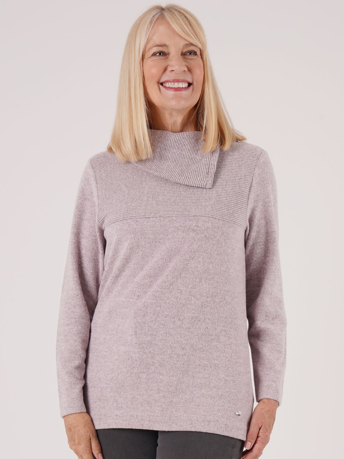 TIGI 10/12 Pink Rose Zip Split Cowl Neck Rib Top - T25-11B