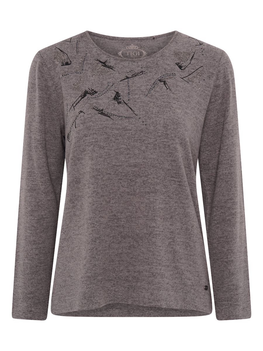 TIGI 10/12 Grey Abstract Print & Diamante Crew Neck Top - T25-11D
